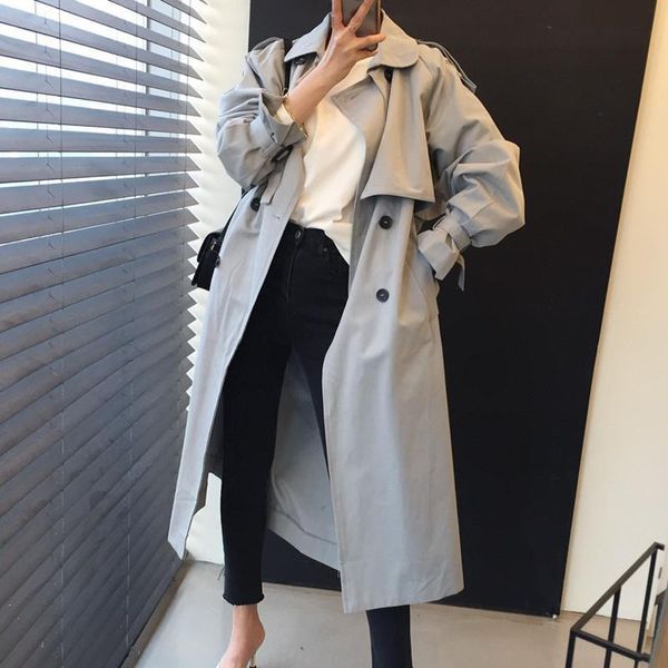 

women's trench coats 2021 autumn turn down collar solid color belt vintage fashion long outwear all-match coat, Tan;black