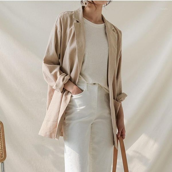 

women's suits & blazers 2021 summer autumn casual jacket one button notched cotton and linen vintage pockets, White;black