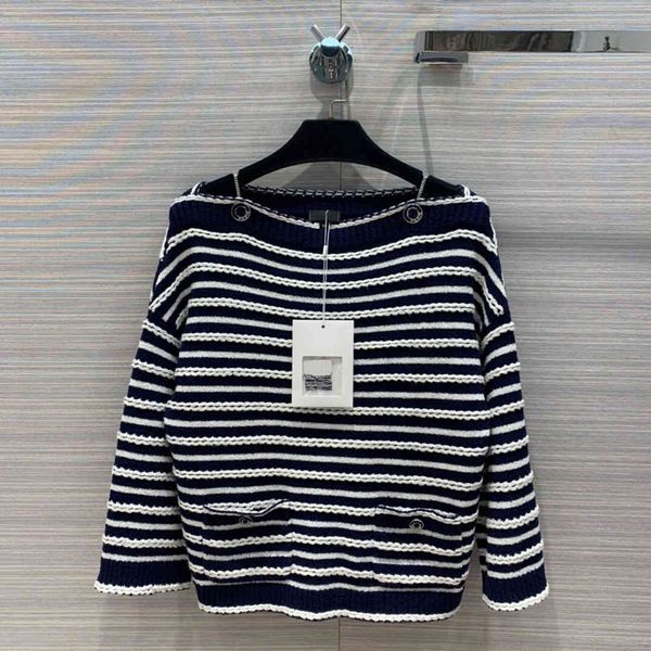 

sweaters runway design knit fashion chain straps slash neck twist navy white stripes contrast pullover sweater women, White;black