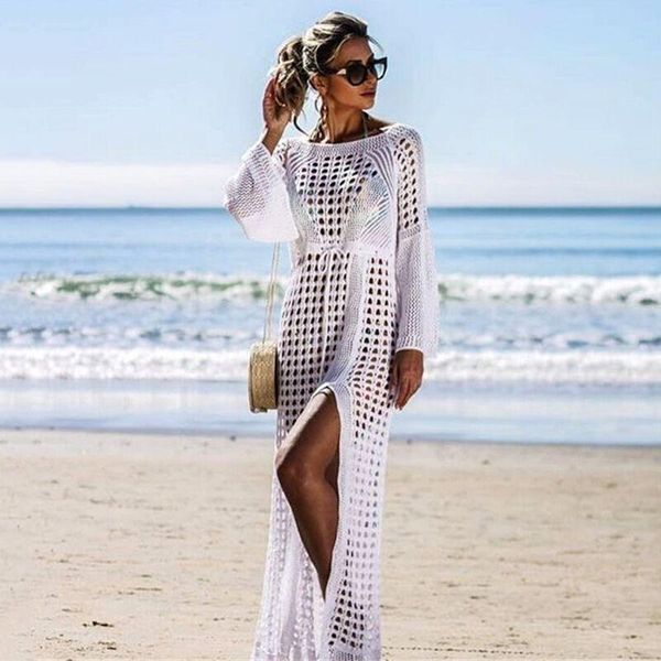 

style hollow knit beach skirt long sleeves slit holiday swimsuit blouse sun protection clothes women's swimwear, White;black