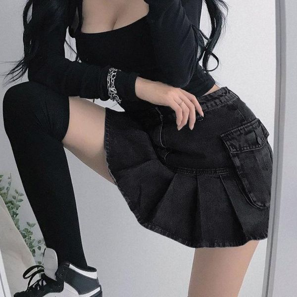 

skirts mall goth high waist jean y2k aesthetics black denim pleated with big pockets punk e-girl outfits bodycon
