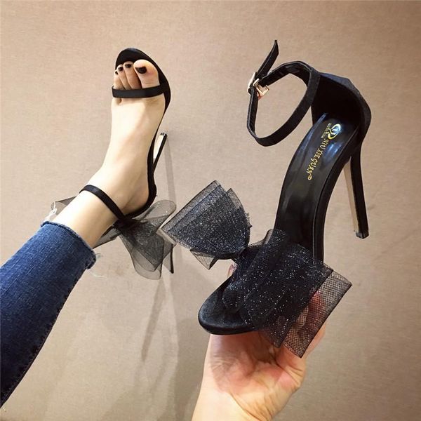 

women sandals 2021 pointed toe buckle strap stilettos ladies shoes high heels net yarn big bow, Black