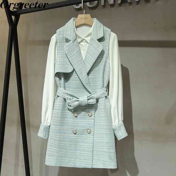 

elegant ol tweed dress 2 piece set fall winter new long chiffon shirt + notched collar double-breasted sashes vest dress 210407, White
