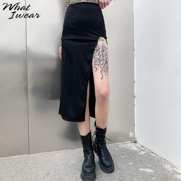 

skirts whatiwear harajuku style fashionable high street loose skirt for womens spring summer split design waist belt female, Black