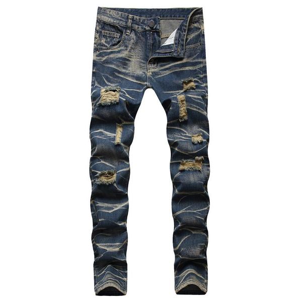 

men's jeans hip hop design brand for men's straight 2021 fashion hole ripped distressed moto bike vintage jean plus size, Blue
