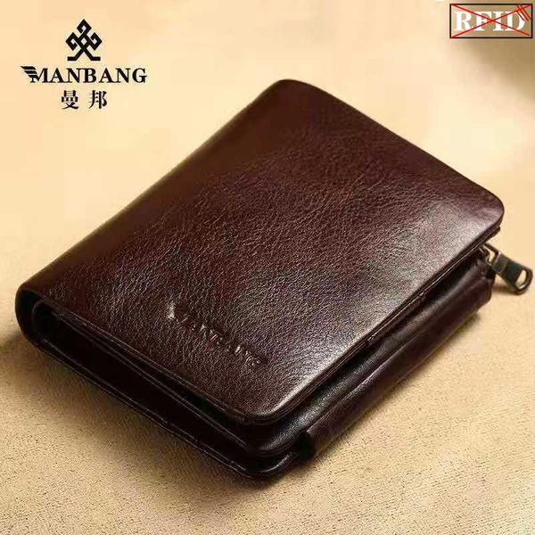 

men wallet short manbang anti-theft cowhide genuine leather small mini card holdermale pocket retro purse 76 wallets, Red;black