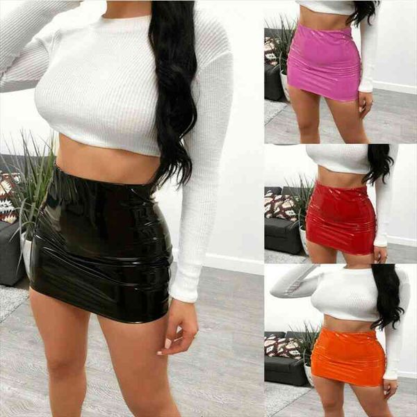 

women bright leather comfort high waist mini pencil skirt party pu latex fabric zip bright leather skirt, Black