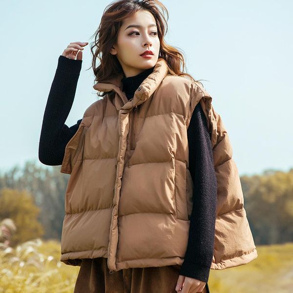 

women's vests johnature 2021 autumn winter sleeveless original for women loose casual solid color zippers down coat, Black;white