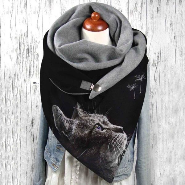 

scarves warm soft wraps buttons double layer 3d cats prints buckle multi-function scarf winter shawls, Blue;gray