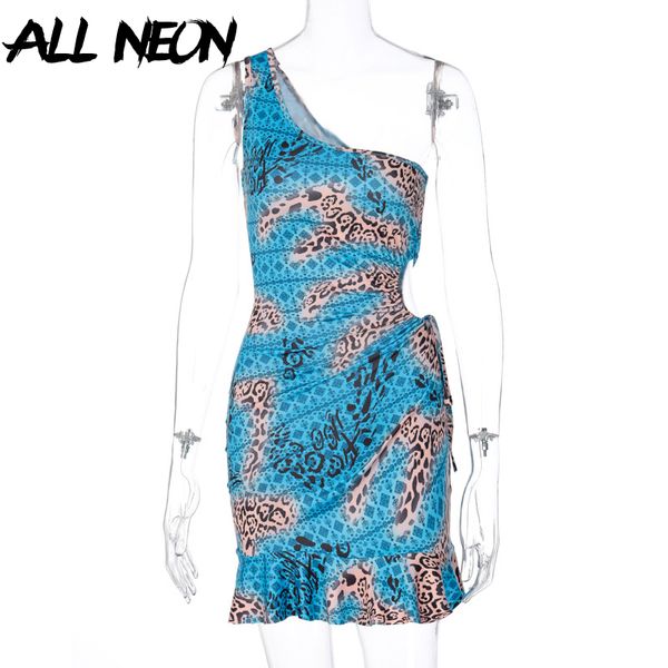 

2021allneon e-girl vintage camouflage one shoulder hollow out y2k dress rave festival bodycon ruffles hem mini dresses party outfit, Black;gray