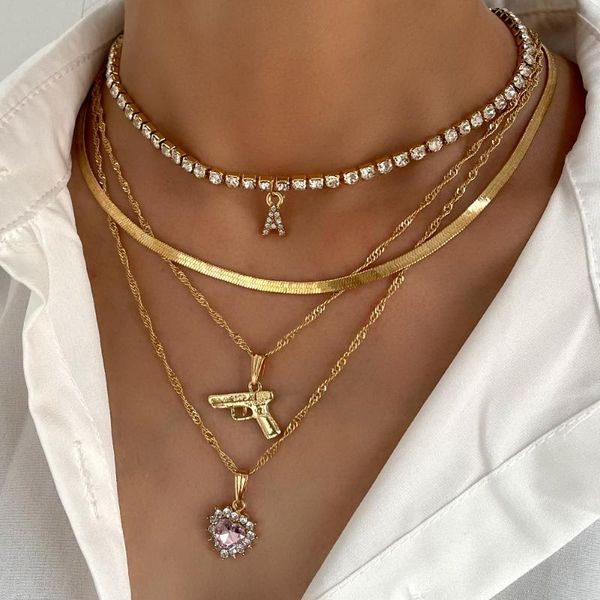 

chains flatfoosie trendy heart letter crystal pendant necklaces for women multi layer golden pistol snake chain necklace jewelry, Silver