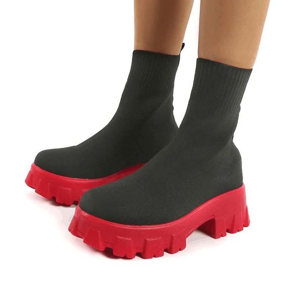 

boots 2021 woman sock thick bottom platform women stretch fabric casual slip on short boot female plus size spring autumn, Black