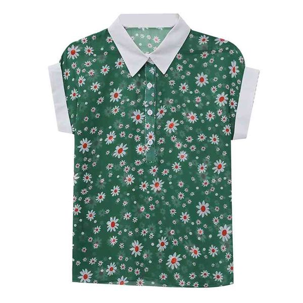 

korean style summer fashion women turn down collar short sleeves thin chiffon floral shirts female casual shirt 210428, White