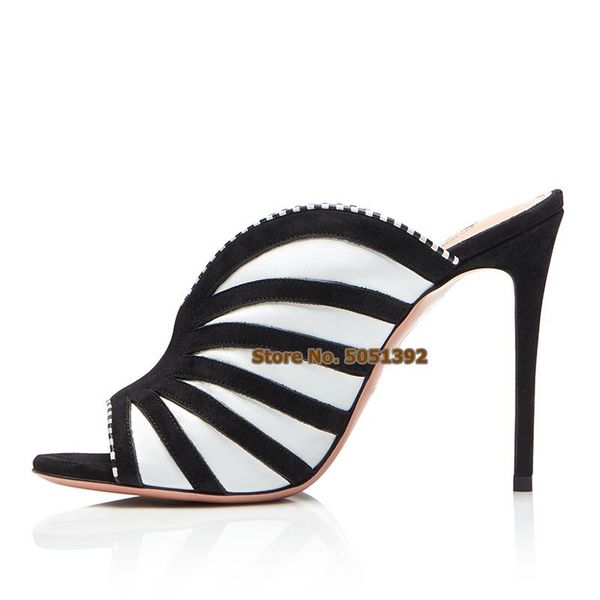 

black and white stripes suede mules women pointed toe super high heel sandals zebra pattern large size ladies slippers elegant