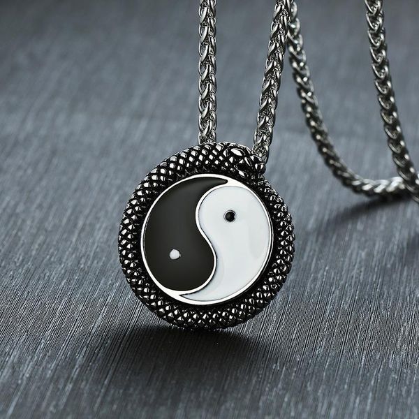 

snake shaped around ying yang pendants necklace in stainless steel enamel bagua pendant necklaces, Silver