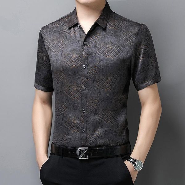 

men's casual shirts 2021 summer middle aged shirt short sleeve silk business fashion lapel wear, White;black