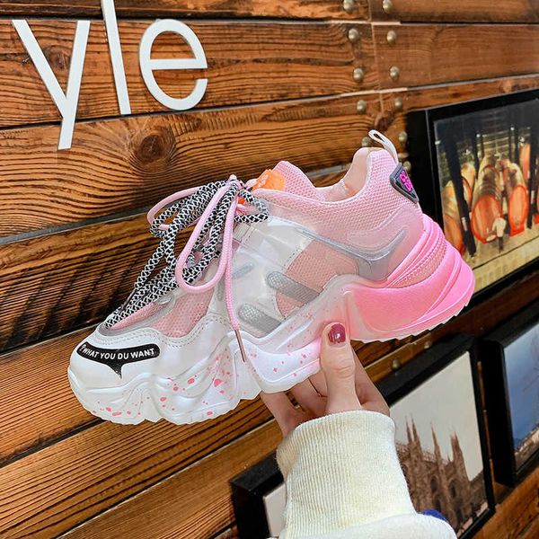

matching fashion campus youth girls' tricolor shoes super fire versatile harajuku mesh surface breathable thick soled sneakers y0907, Black