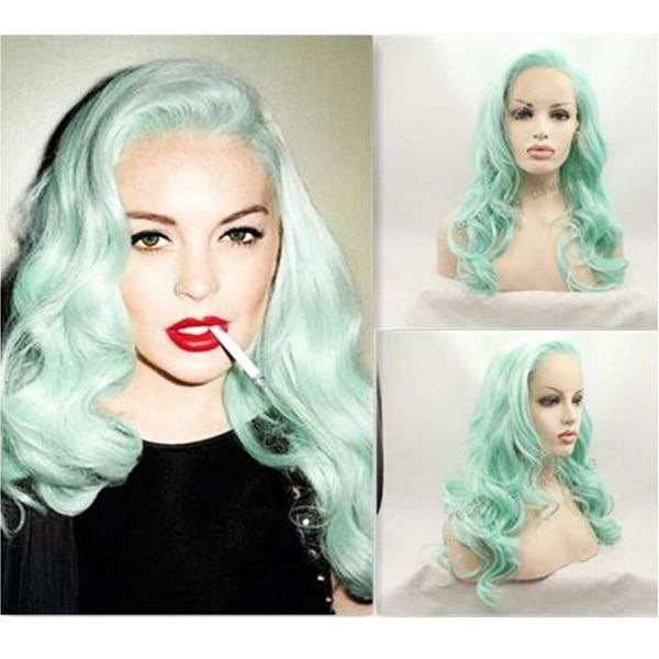 

synthetic wigs green colored lace front wig long curly body water wave side part frontal glueless hair cosplay for black women