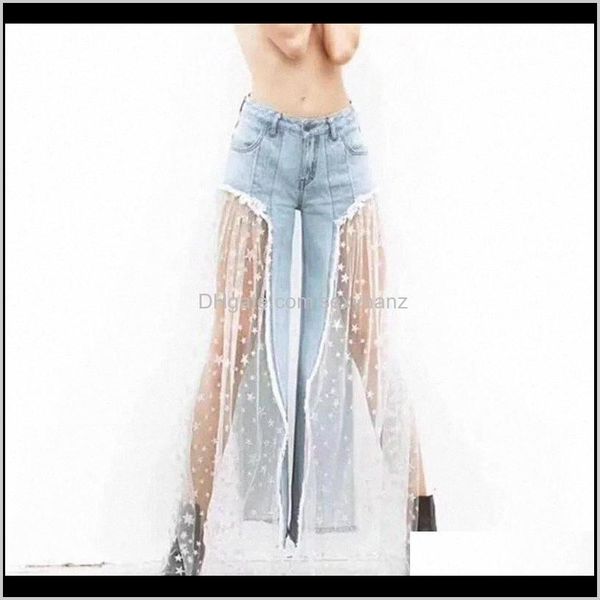 Delle donne Abbigliamento Abbigliamento Abbigliamento Drop Consegna 2021 Stile Donne Casual Strappato Strappato Stelle Pizzi Mescoli infestazione in jeans in denim a vita alta Pantaloni ampia gamba Pantaloni XU8N # Q