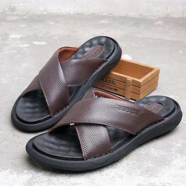 

slippers vintage men's genuine leather slipper sandals outdoor fashion non-slip summer beach shoes breathable soft bottom, Black