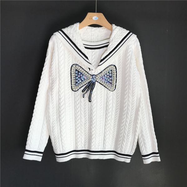 

sweaters jersey invierno mujeres harajuku fashion military whte/black sweater winter thicken warm bows beaded knitted pullover knitwear, White;black