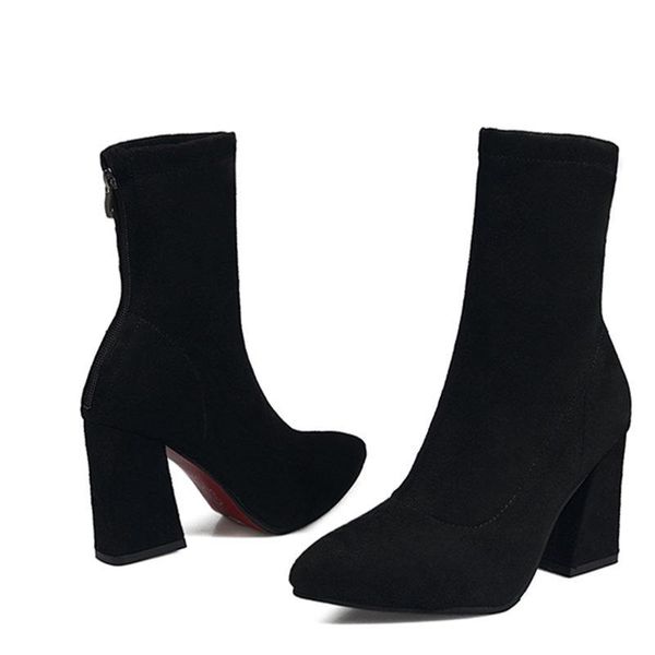 

woman shoes zip up square high heels party women boots winter quality, Black