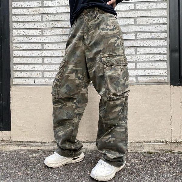 

women's jeans camo baggy mom woman high waist casual cargo pants pockets grunge streetwear vintage long loose denim trousers harajuku, Blue