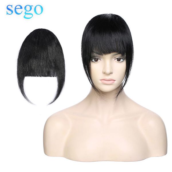 

sego in brazilian remy human front neat fringe hand tied straight bangs clip on hairpiece with temple, Black