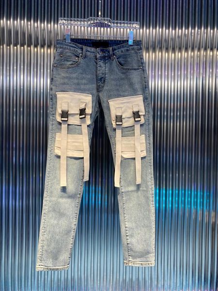

men's jeans menswear street four seasons trousers big pockets inset trim tide brand washed, Blue
