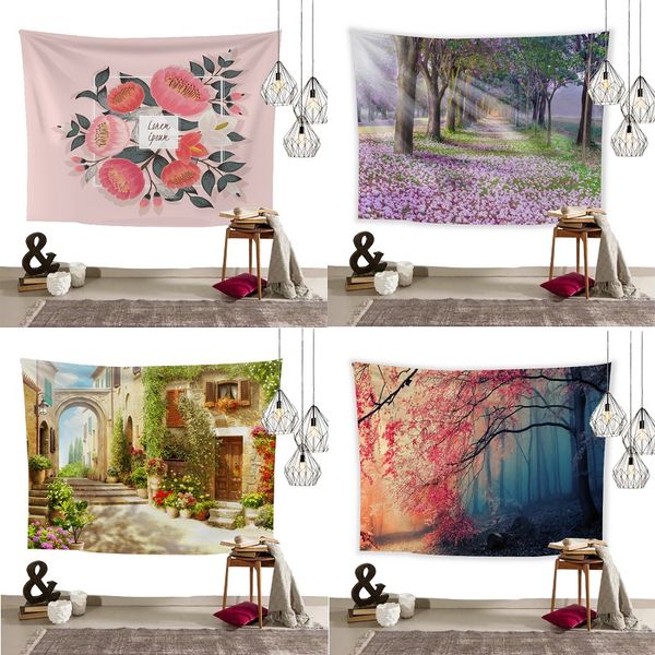 

classical ancient quaint town sea of flowers tapestries wholesale beautiful vivid color forest flower printing tapestry for sale