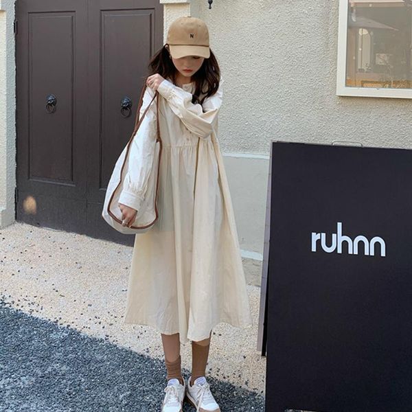

casual dresses long sleeve dress women solid button pleated loose sweet simple elegant students daily lovely streetwear n style all-match, Black;gray