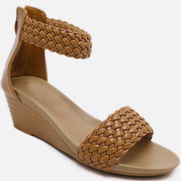 

dress shoes lihuamao bohemia sandals for women wedges heel open toe weave knit comfortable beach casual fashion ladies, Black