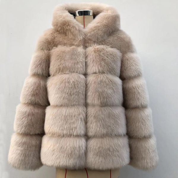 

zadorin - thick and warm faux fur coat for women, luxury hooded jacket with long sleeves, large size, winter collection 2021, Black