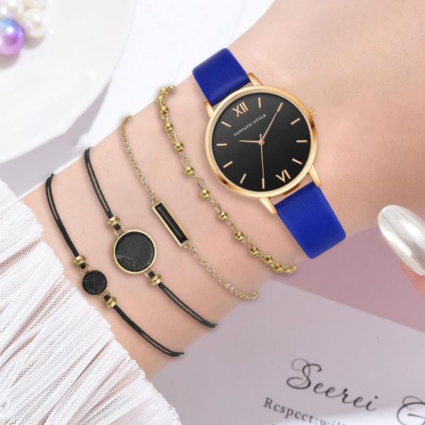 

wristwatches 5pcs set watch for women luxury leather analog ladies quartz wrist style fashion bracelet relogio feminino, Slivery;brown