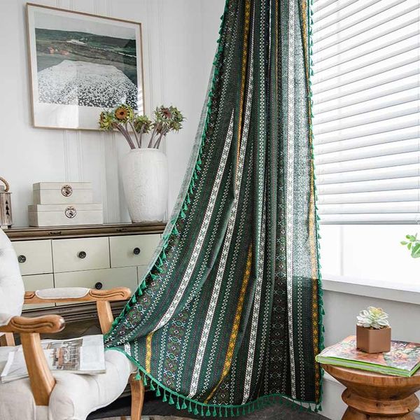 

curtain & drapes bohemian cotton panel with tassel semi-blackout green stripes design for window door home decoration