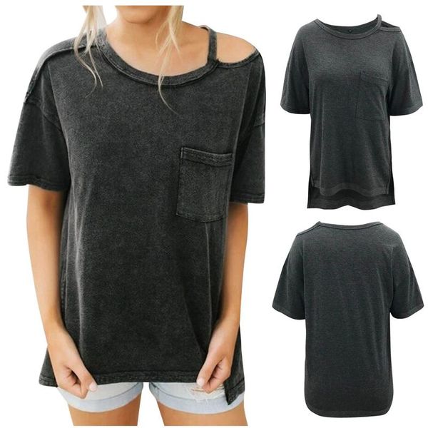 

women's t-shirt solid colour pocket splicing women off shoulder o-neck tshirt 2021 summer short sleeve t-shirts camisetas de mujer, White