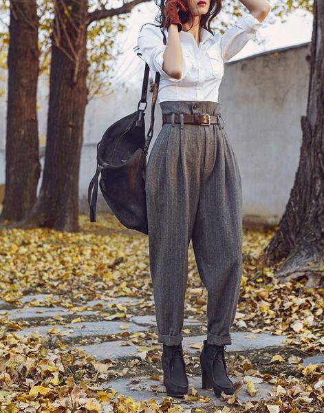 

women's pants & capris winter autumn wool women vintage england style stripe slim skinny casual ankle length woolen trousers, Black;white