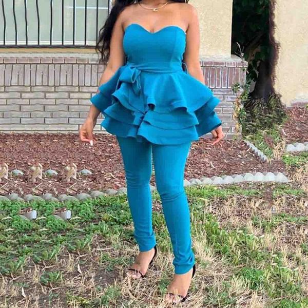 

two piece dress sets women 2021 causal sleeveless ruffle sashes shirts and long pants set office ladies party blue 2 suit, White