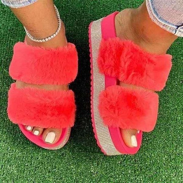 

women fashion furry slippers women's platform crystal a line flip flops womens large size 42 43 slipper shoes, Black
