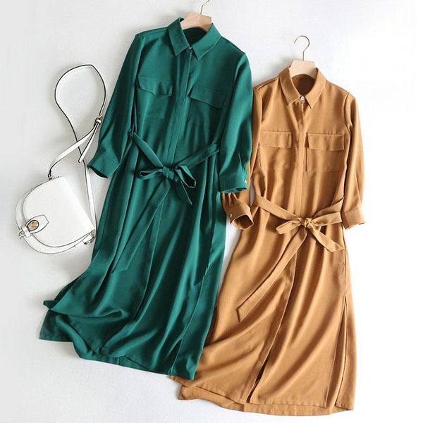 

casual dresses elegant lady's dress women long shirt mid-cald length female loose waist women's vintage a-line with belt ww5036, Black;gray