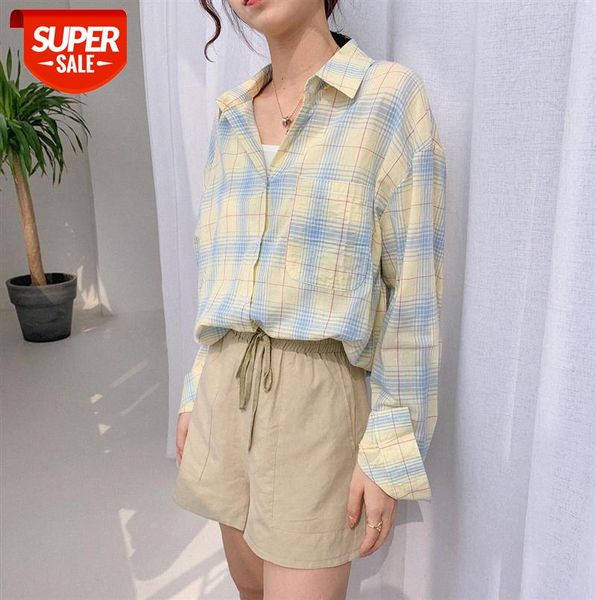 

[ou fan] 6678 women's sunscreen plaid shirt korean loose long-sleeved #yc6r, Black;gray