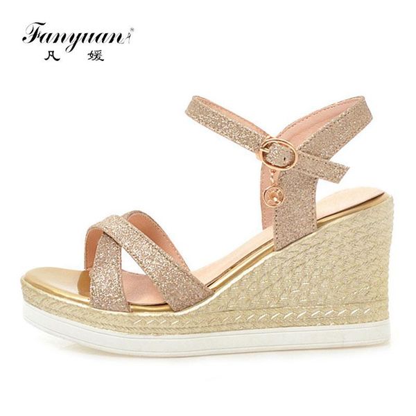 

fanyuan sandalias mujer 2021 women's wedding shoes bling cross-tied ladies wedges sandals ankle strap female's high heels 8 cm dre, Black