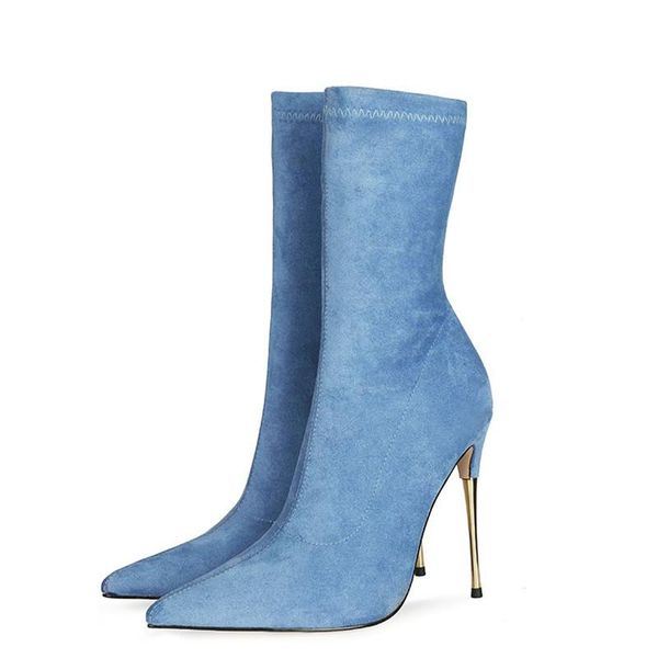 

boots stretch pointed toe high thin heels winter women half knee 12 cm western style shoes, Black