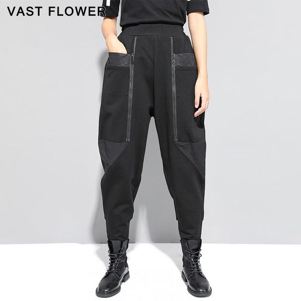 

women's pants & capris black high waist harem women zipper pocket fashion loose casual elastic trousers streetwear spring autumn 2021, Black;white