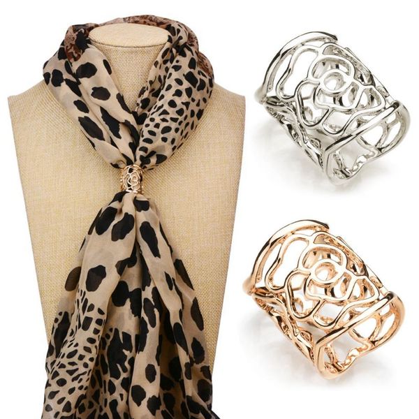 

women openwork carved rose pattern scarf ring buckle shawl clip jewelry6ru4, Silver