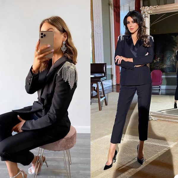 Trajes de chaqueta de mujer con cuentas negras Slim Fit Sexy con cuello en V Formal Office Lady Pants Suit Prom Party Wedding (chaqueta + pantalones)