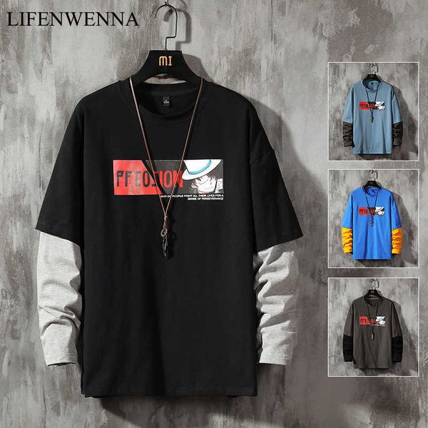 

fashion patchwork men's t shirt spring o neck long sleeve t shirts mens clothes trend casual printed hip hop tees s-3xl 210528, White;black