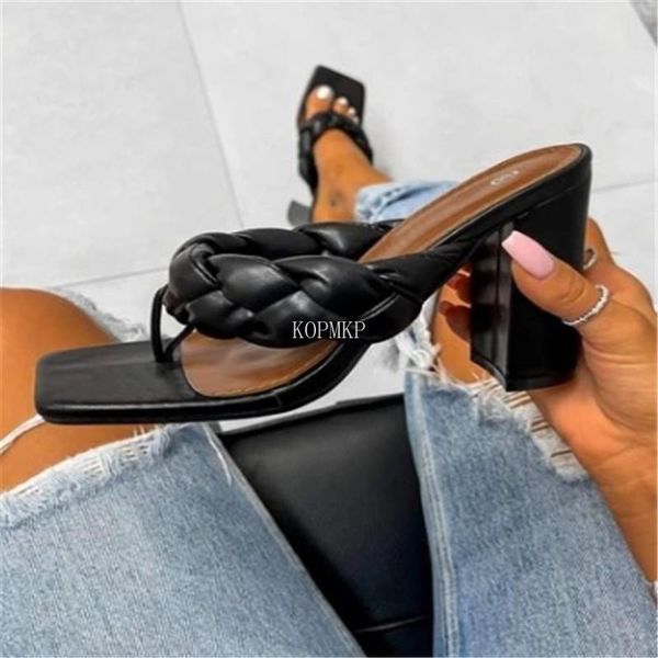

sandals flip flops mules shoes women square heel slippers summer high heels toe slides ladies weave, Black
