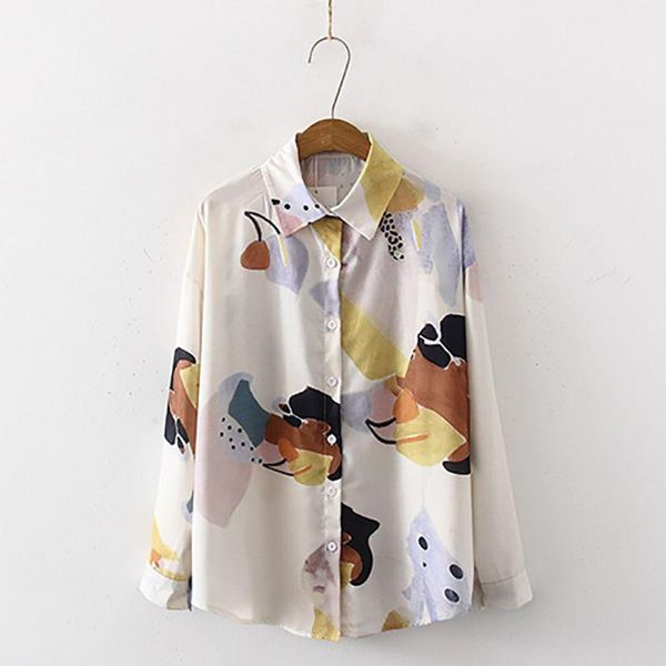 

women's blouse ladies autumn long sleeve shirts retro printed turn-down collar blusas button loose casual, White