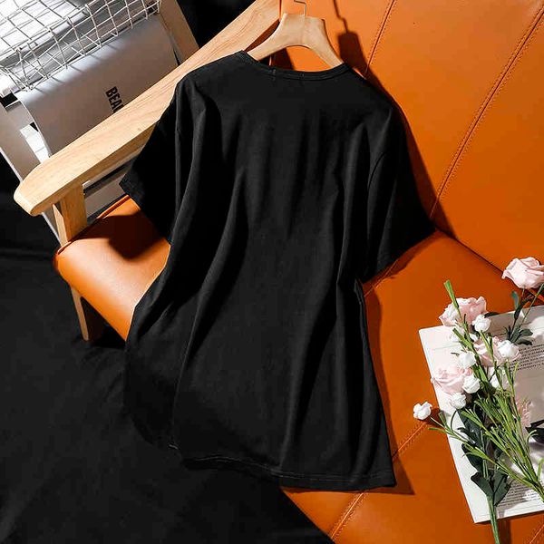 

women's t-shirt summer korean plus size cotton short-sleeved t-shirt womens fashion style leaves diamond loose black female baew, White